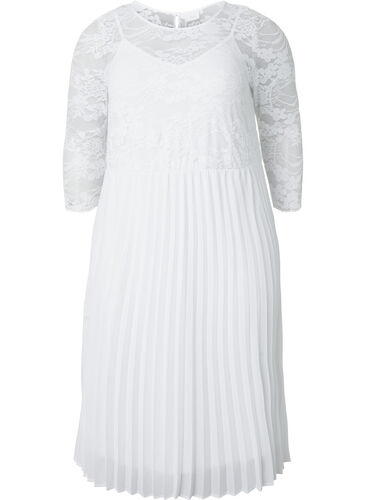 Plisserad klänning med spets och 3/4-ärmar, Bright White, Packshot image number 0