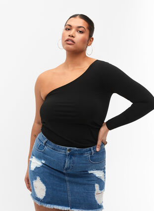 Kroppsnära blus med one-shoulder, Black, Model image number 2