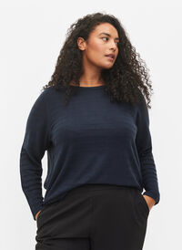 Stickad tröja med struktur och rund hals, Navy Blazer, Model