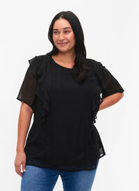 Kortärmad blus med volanger och prickigt mönster, Black, Model