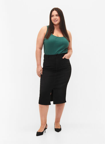Knälång jeanskjol med slits, Black, Model image number 0