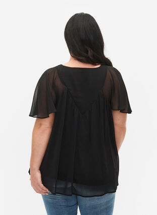 Enfärgad blus med fladdermusärmar och V-ringad hals, Black, Model image number 1
