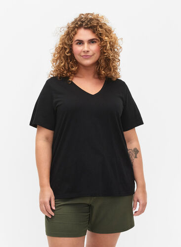 V-ringad bas t-shirt med korta ärmar, Black, Model image number 0