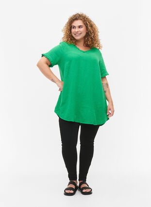 Kortärmad bomullstunika med volanger, Bright Green, Model image number 2