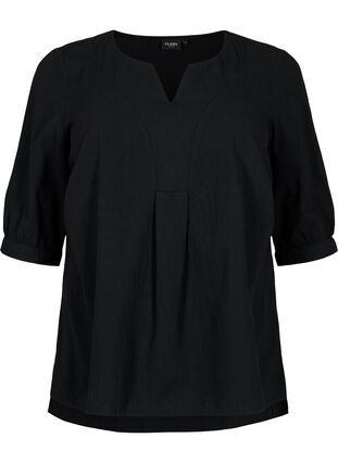 FLASH – Bomullsblus med halvlånga ärmar, Black, Packshot image number 0