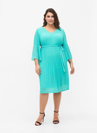 Plisserad klänning med 3/4-ärmar, Turquoise, Model image number 2