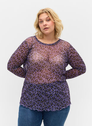 Blommig blus i mesh med kroppsnära passform, Purple AOP, Model image number 0