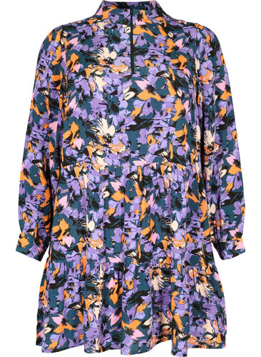 Blommig tunika med blixtlås, Purple Flower AOP, Packshot image number 0