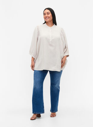 Viskos-Linne Mix Skjorta Blus med 3/4 Ärmar, Moonbeam, Model image number 2