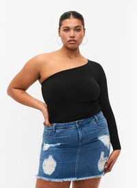 Kroppsnära blus med one-shoulder, Black, Model