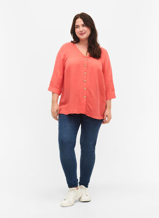 V-ringad blus i viskos med knappar, Deep Sea Coral, Model image number 2