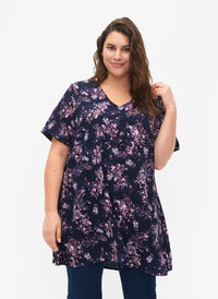 V-ringad tunika med tryck från FLASH, Navy Rose Flower, Model