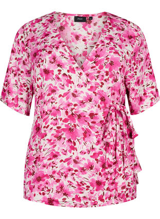 Omlott-blus i viskos, Pink Flower Rain, Packshot image number 0