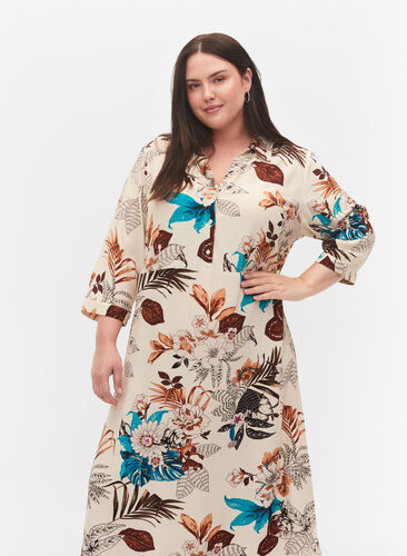 Blommig skjortklänning i viskos, Brown Flower AOP, Model image number 2