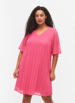 Kortärmad klänning med struktur, Shocking Pink, Model image number 0