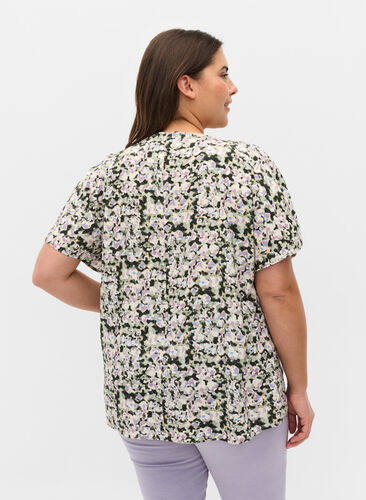 Kortärmad blus i viskos, Green Purple Mix, Model image number 1