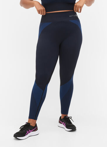 Seamless träningstights med ränder, Black w. Blue Depths, Model image number 3