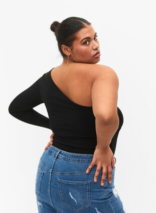 Kroppsnära blus med one-shoulder, Black, Model image number 1