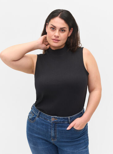 Ribbstickad topp i bomull med hög halsringning, Black, Model image number 0