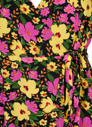 Tryckt omlottklänning med korta ärmar, Yellow Pink Flower, Packshot image number 2