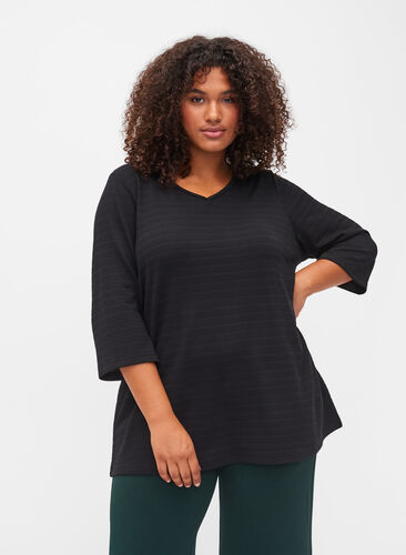 V-ringad blus med 3/4-ärmar, Black, Model image number 0