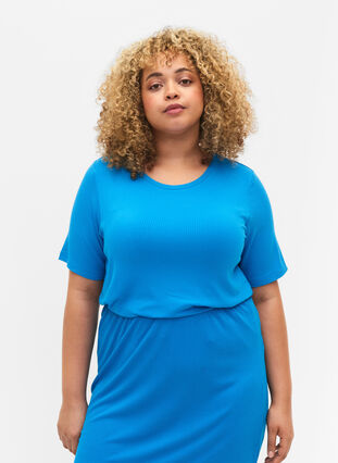 T-shirt i viskos med ribbstruktur, Ibiza Blue, Model image number 0