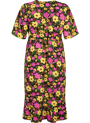 Tryckt omlottklänning med korta ärmar, Yellow Pink Flower, Packshot image number 1