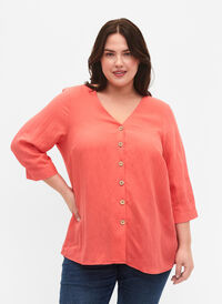 V-ringad blus i viskos med knappar, Deep Sea Coral, Model