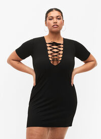 Omvändbar klänning med snören detalj, Black, Model
