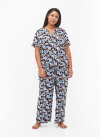 Lösa byxor i viskos med all-over mönster, Black Blue Flower, Model